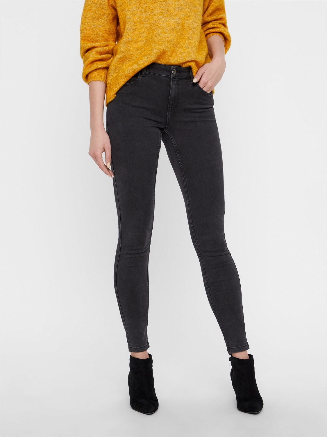 Vero Moda VMSEVEN Mid Rise Slim Fit Jeans -Dark Grey Denim - 10183385