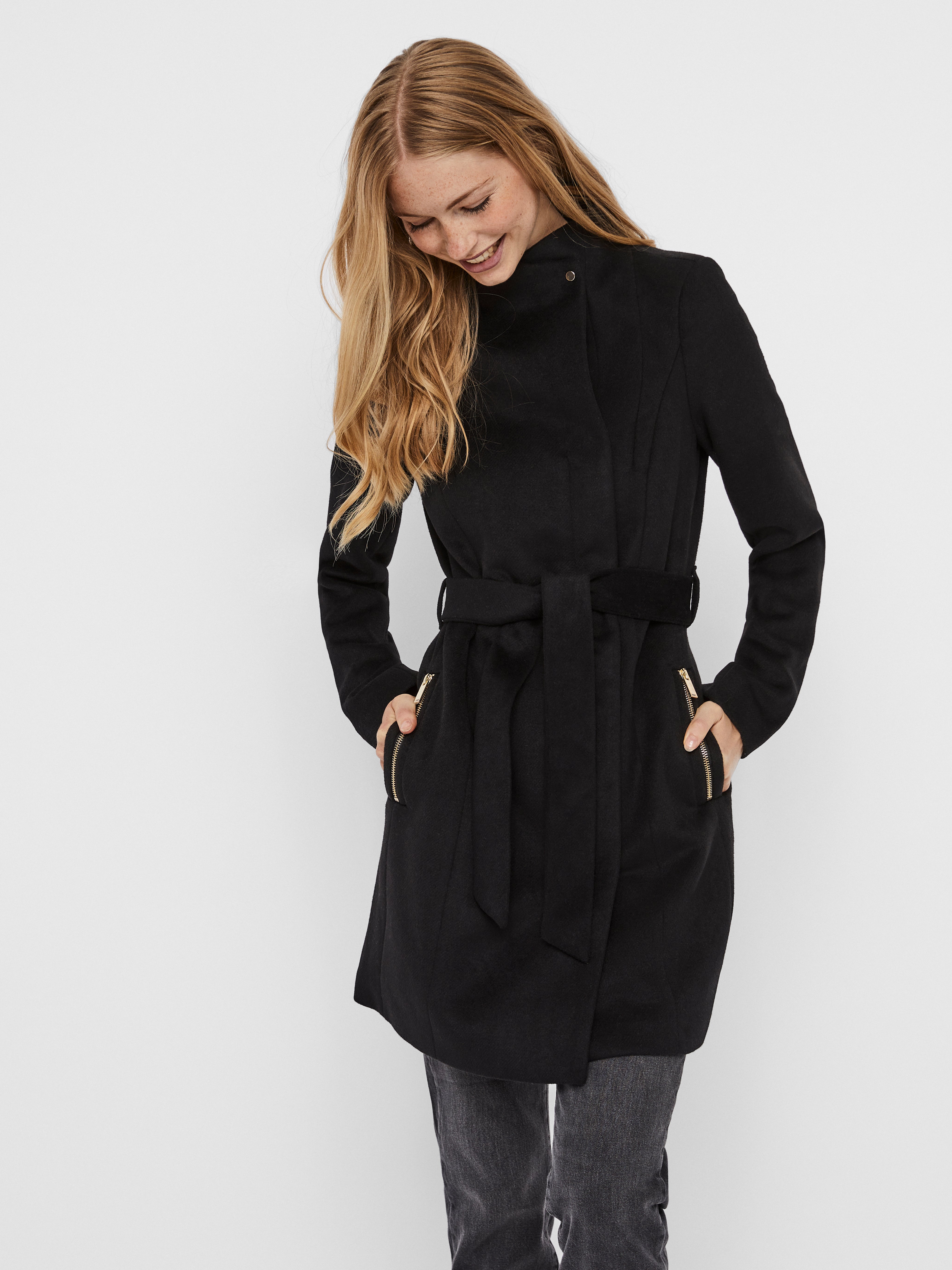 Vero Moda VMTWODOPE BELT JACKET - Manteau Court - Black/anthracite