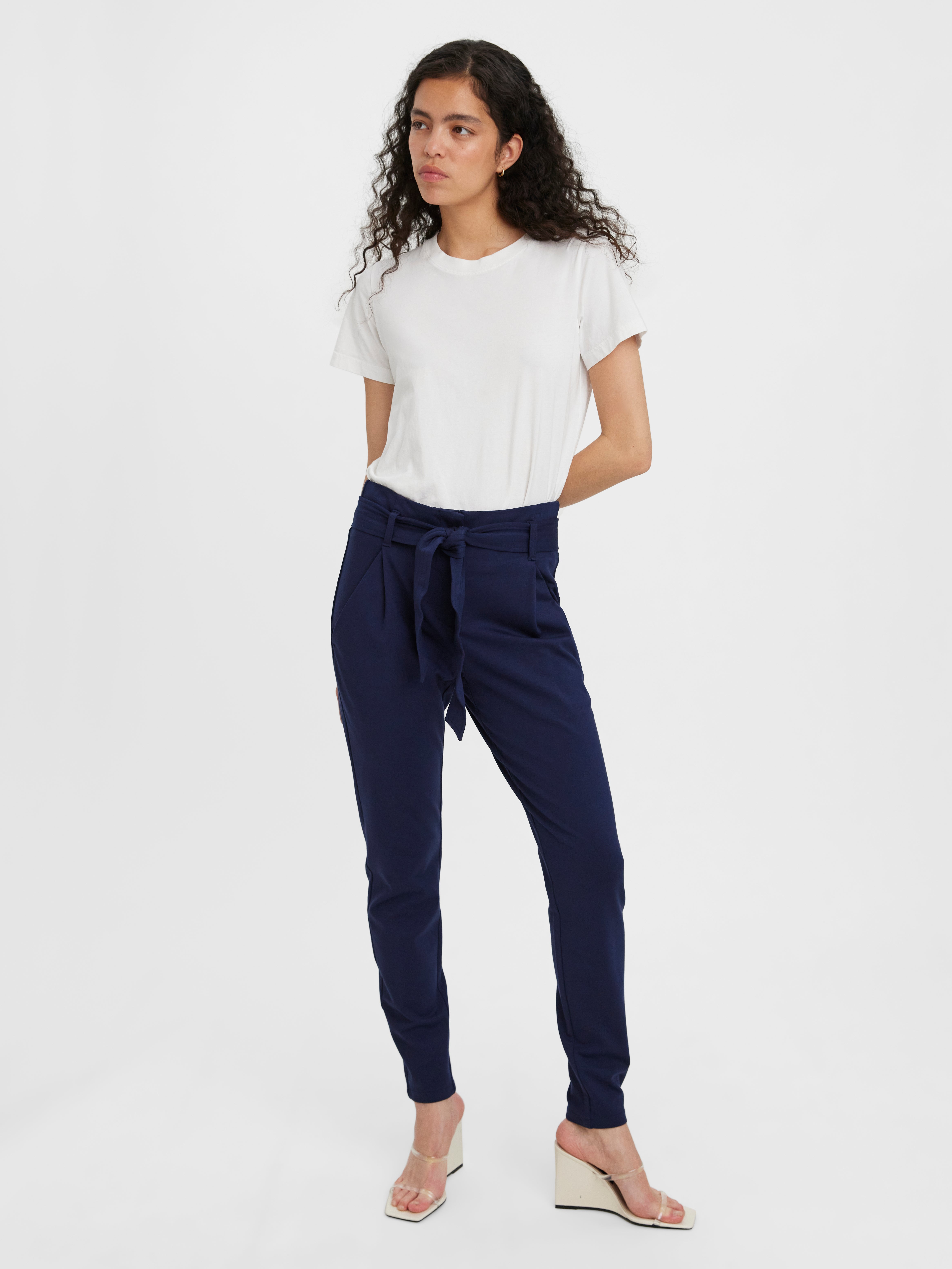 Milica Trousers - Belted High Waisted Trousers in Navy | Showpo USA