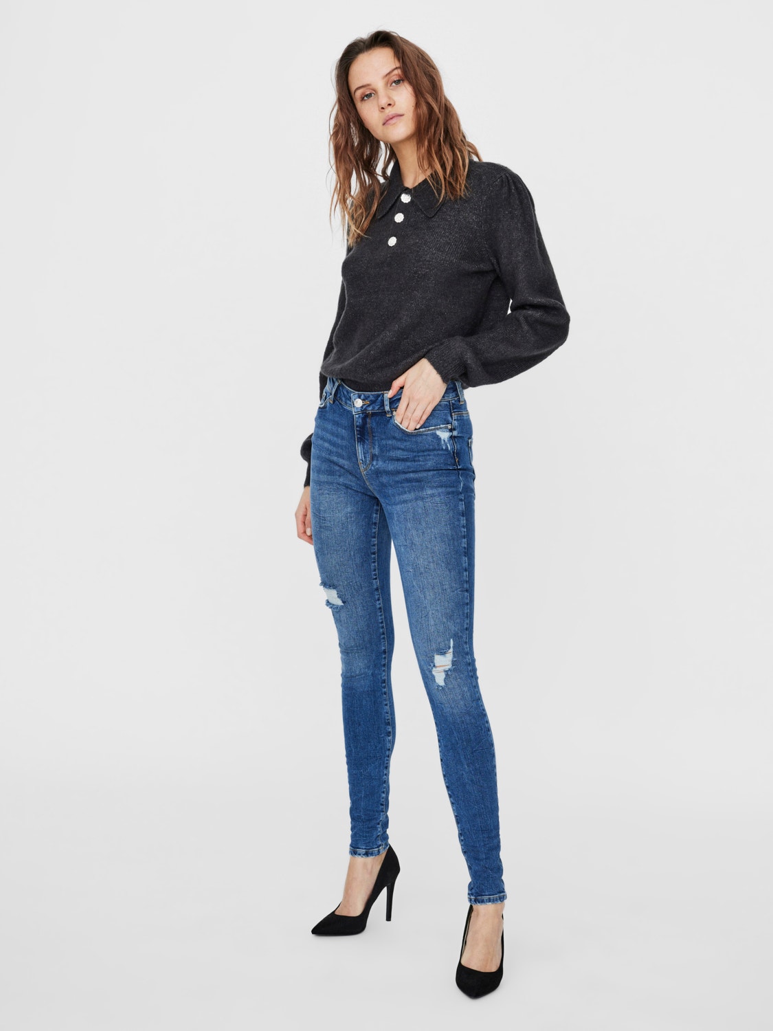 Vero Moda VMSEVEN Mid Rise Slim Fit Jeans -Medium Blue Denim - 10252232