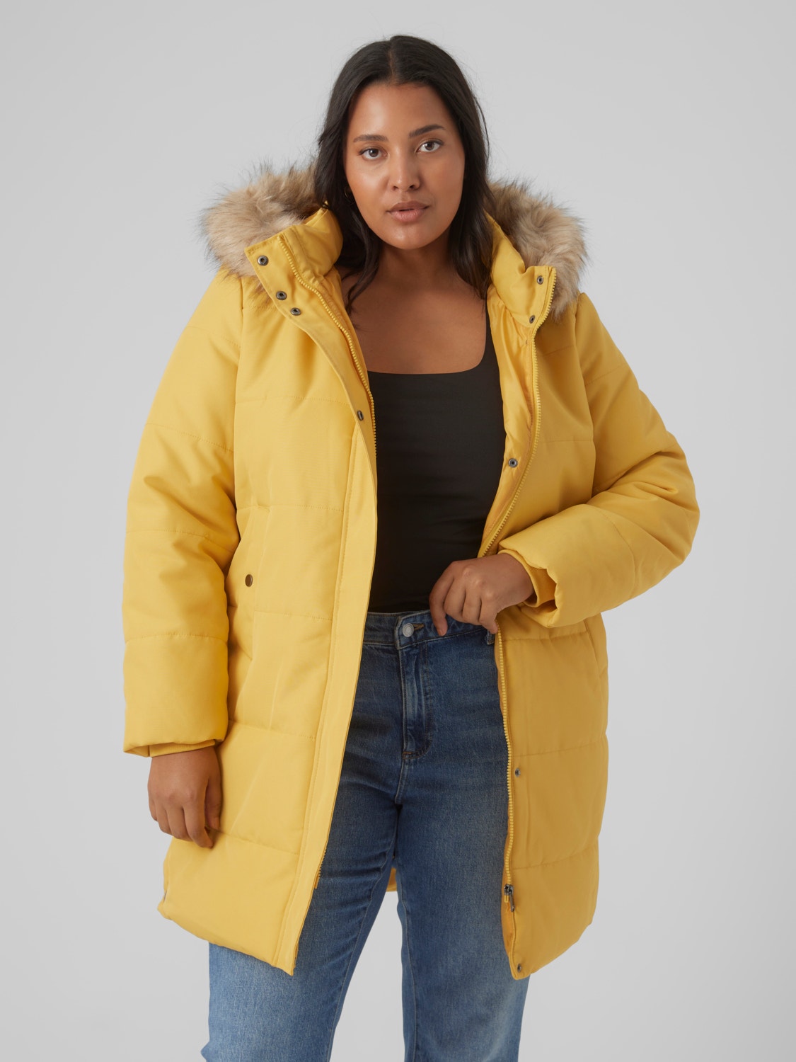 Hood with faux fur lining Curve Coat | Medium Yellow Vero Moda®