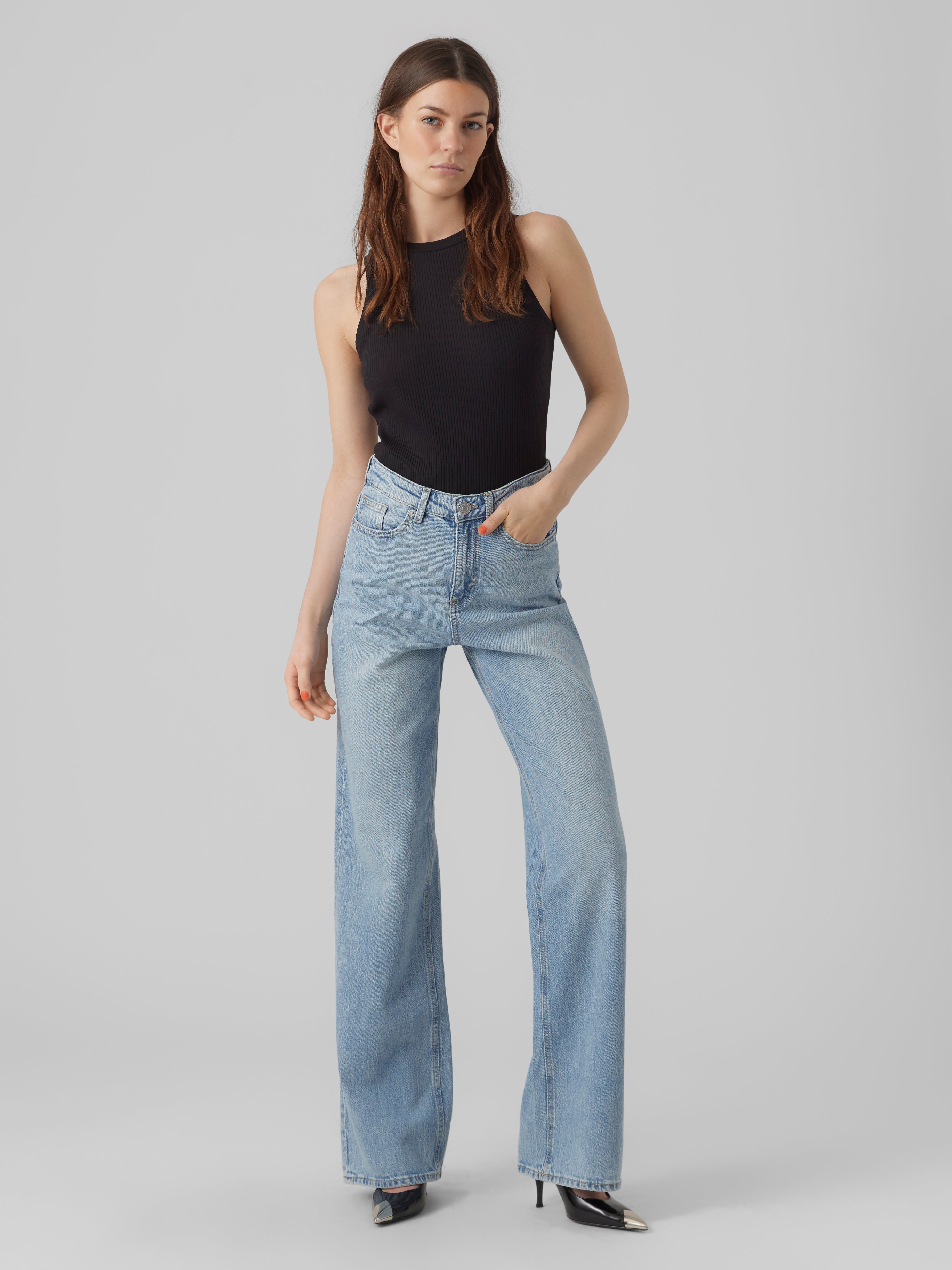 Vero Moda Pantalon Ample Petite VMTESSA Taille Haute Wide Leg Fit
