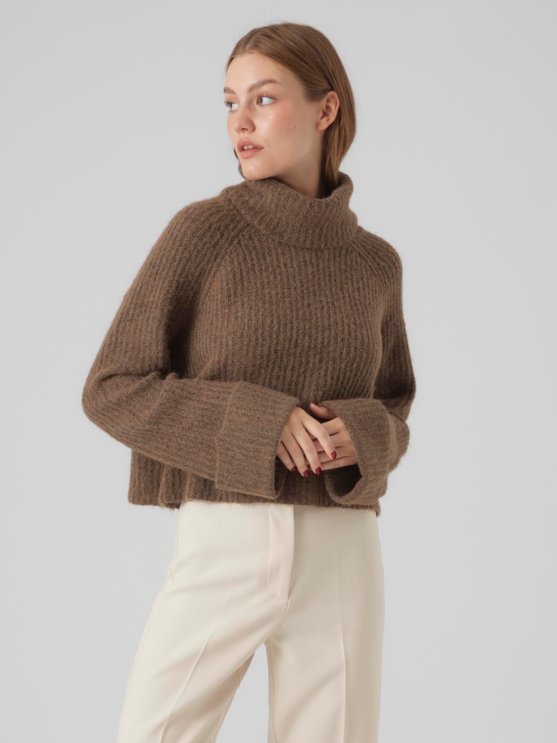 Roll neck Fold-up cuffs Volume sleeves Pullover | Medium Brown