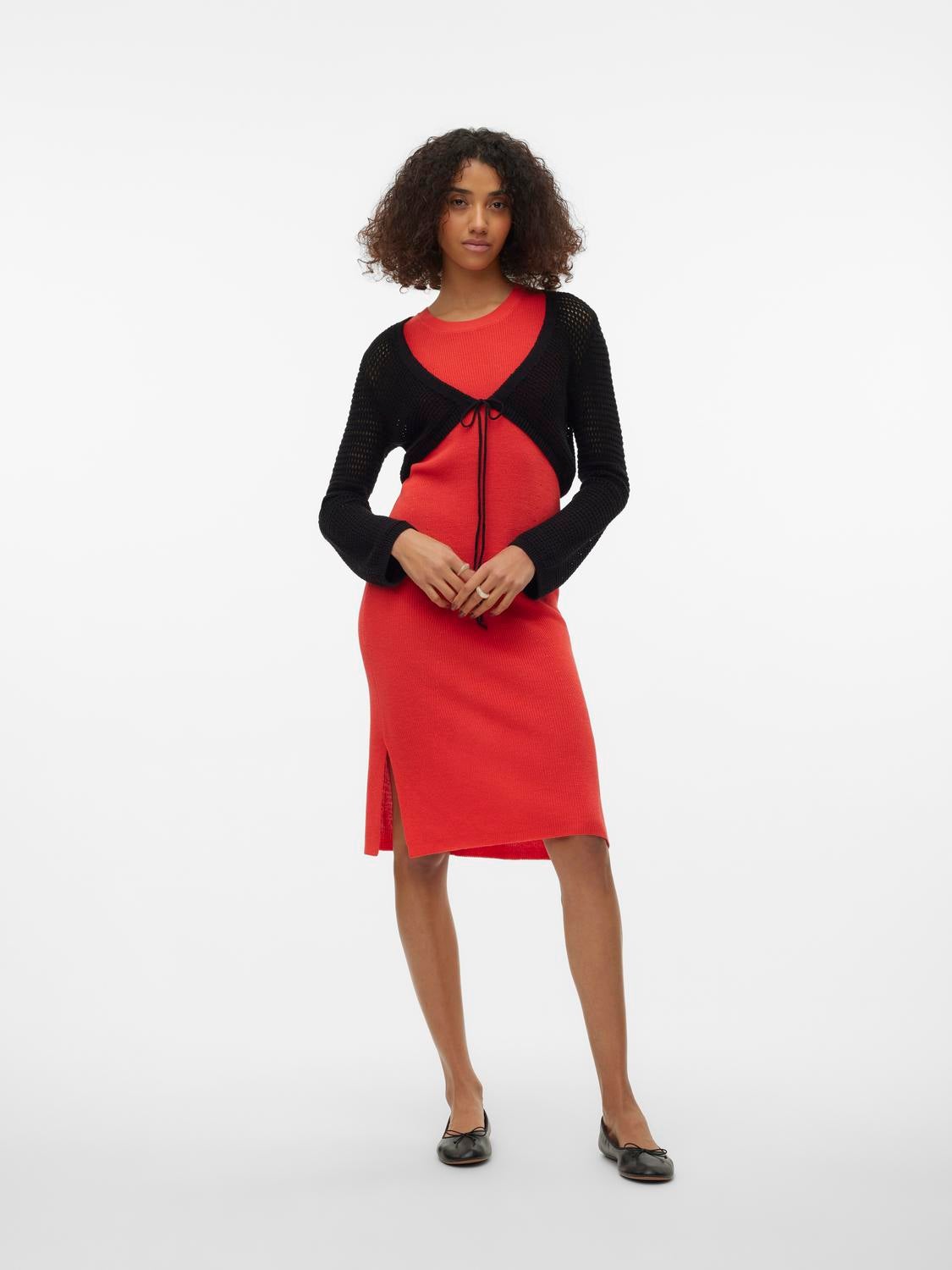 Black dress red cardigan best sale