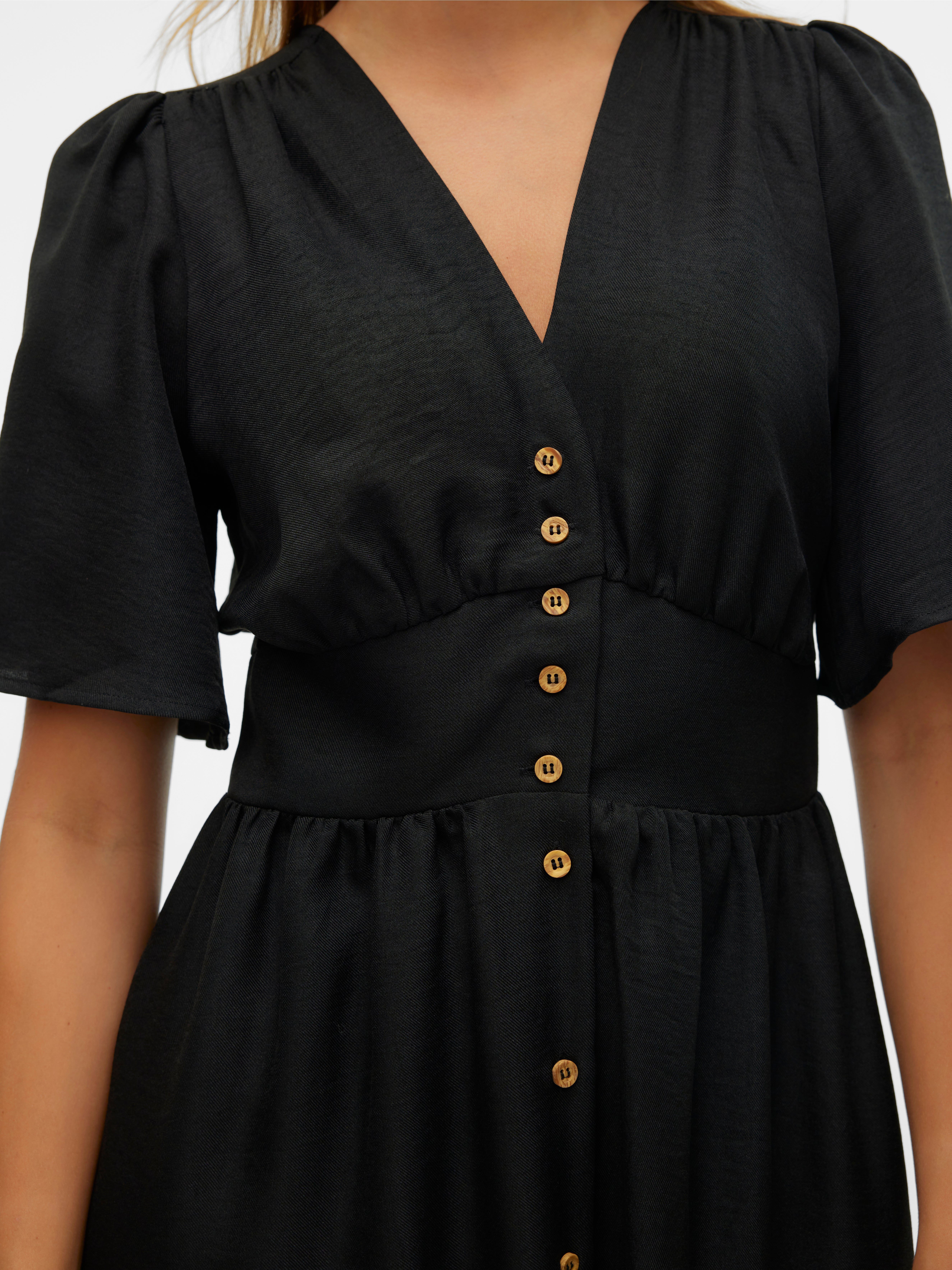 Vero Moda Abito Midi Nero VMMelaney - Scollo A V, Maniche A Sbuffo E Vita Elasticizzata - Eleganza Quotidiana