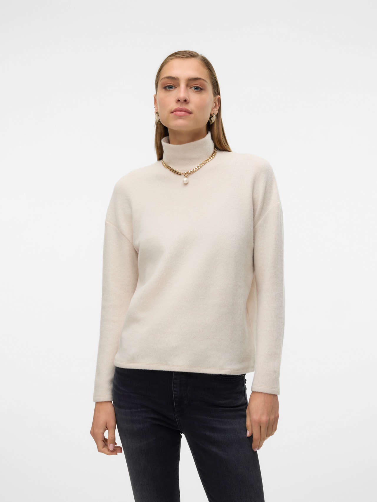 Vero Moda Ruumikas lõige Kõrge kaelus Langetatud õlaosa Top -Oatmeal - 10317856