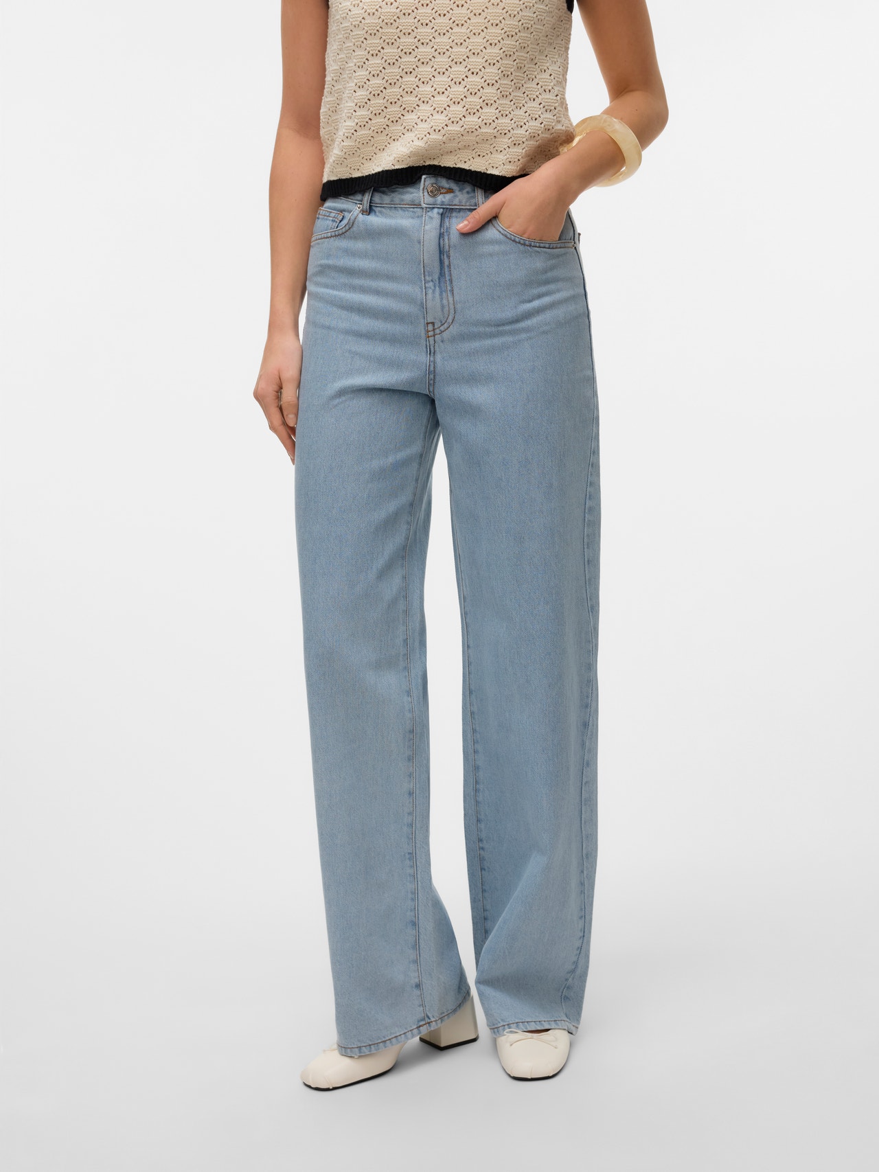 Vero Moda High Rise Wide Leg Jeans In Light Blue Wash