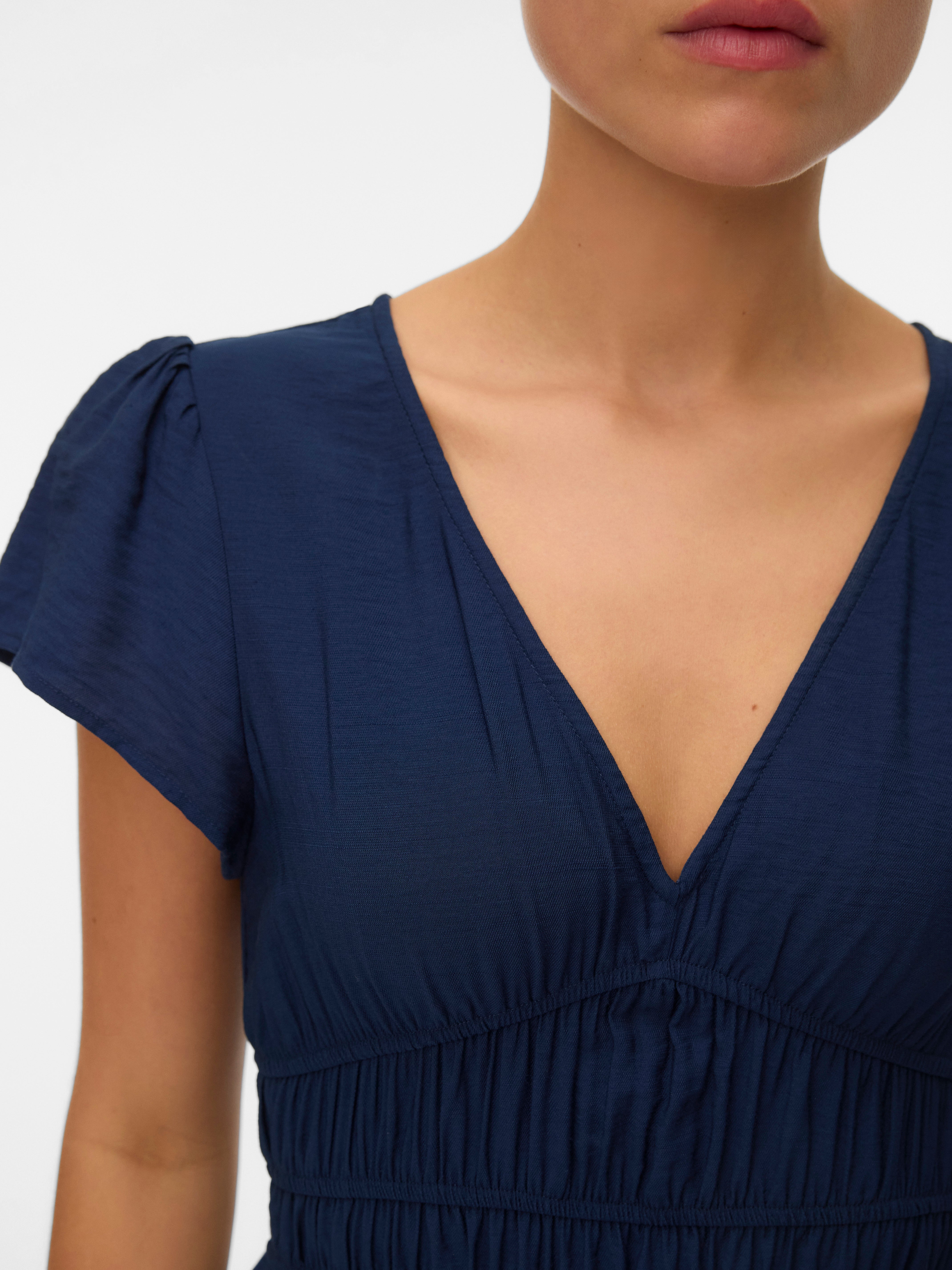 vero moda navy blue dress Vero Moda Floral Dress, Navy Blue Shift Dress with Back Keyhole, Minimalist Botanical Print Dress Size L, Elegant Casual Spring Dress