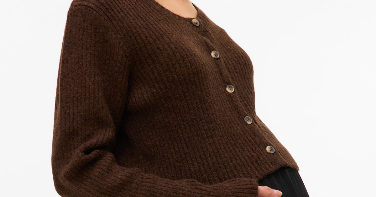 Normal geschnitten Rundhals Strickjacke Dunkelbraun