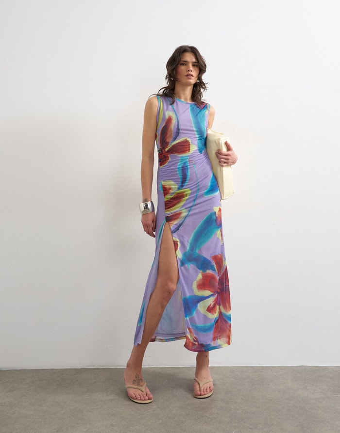long dress topshop TOPSHOP Chiffon Floral Print Draped Off-The-Shoulder Long Dress, Womens, Juniors, 8, Green