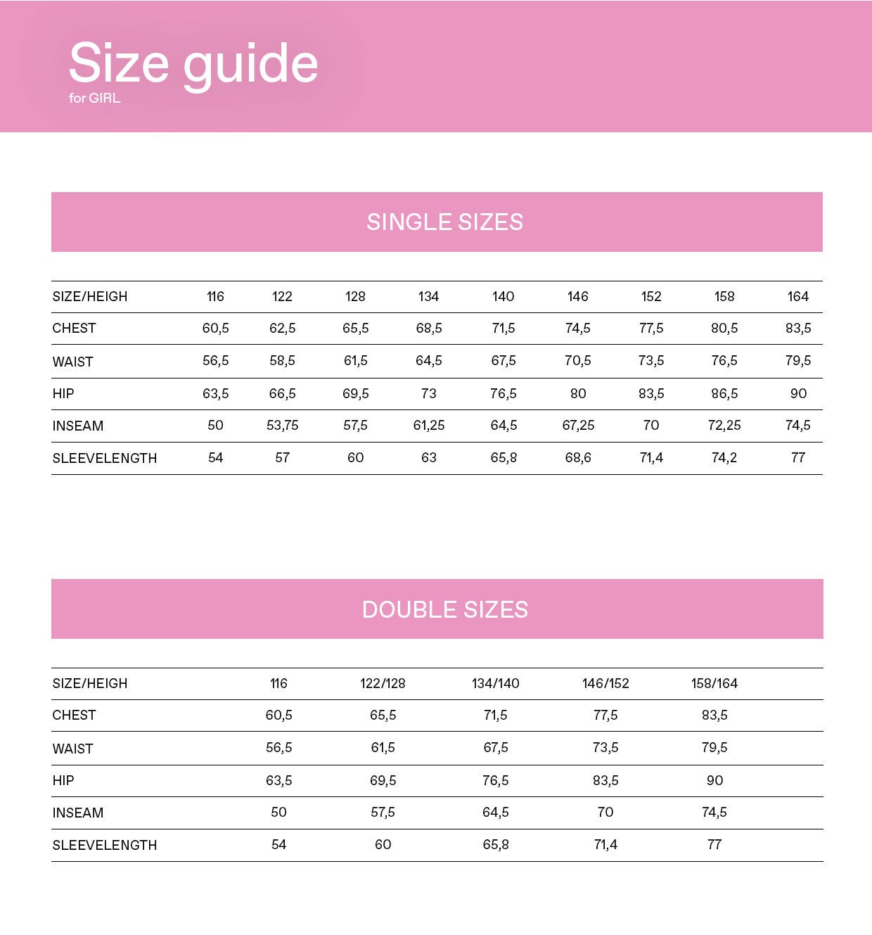 Sizeguide for girls