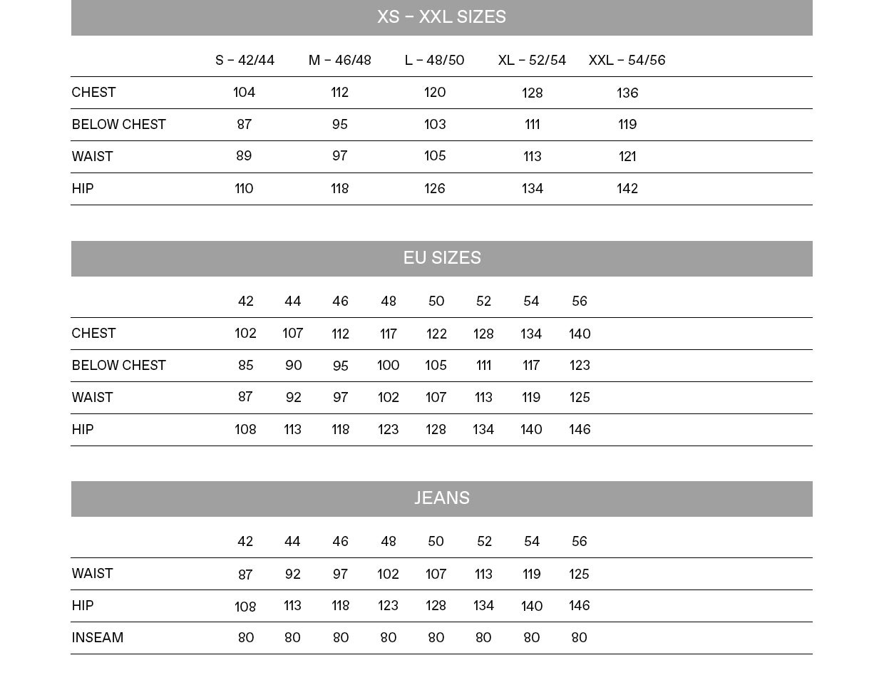 Size Guide for Curve Plus Size VERO MODA Curve